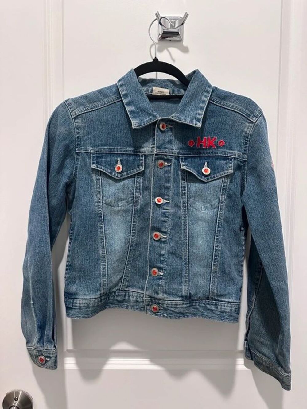 Vintage Sanrio Hello Kitty Denim Jacket Size M 8-10 Red Buttons Graphic